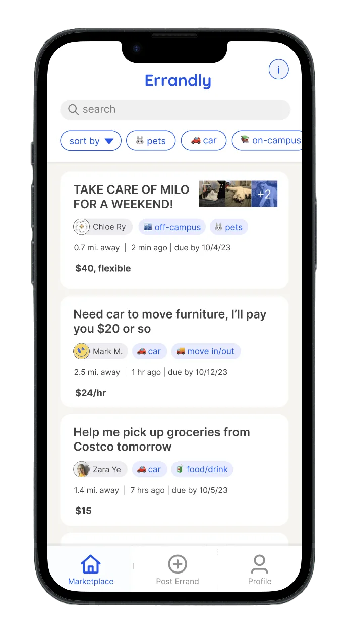 Errandly home feed with emoji-based errand tags