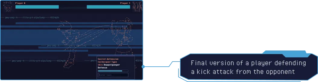 The final version of a player defending a kick attack from the opponent: an ASCII-art match in play, with the defender prompted to type a secret defensive technique.