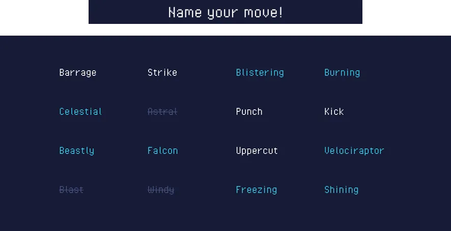 The Street Typer word bank: a grid of adjectives and attack verbs – Barrage, Strike, Blistering, Burning, Celestial, Astral, Punch, Kick, Beastly, Falcon, Uppercut, Velociraptor, Blast, Windy, Freezing, Shining – under a “Name your move!” banner.
