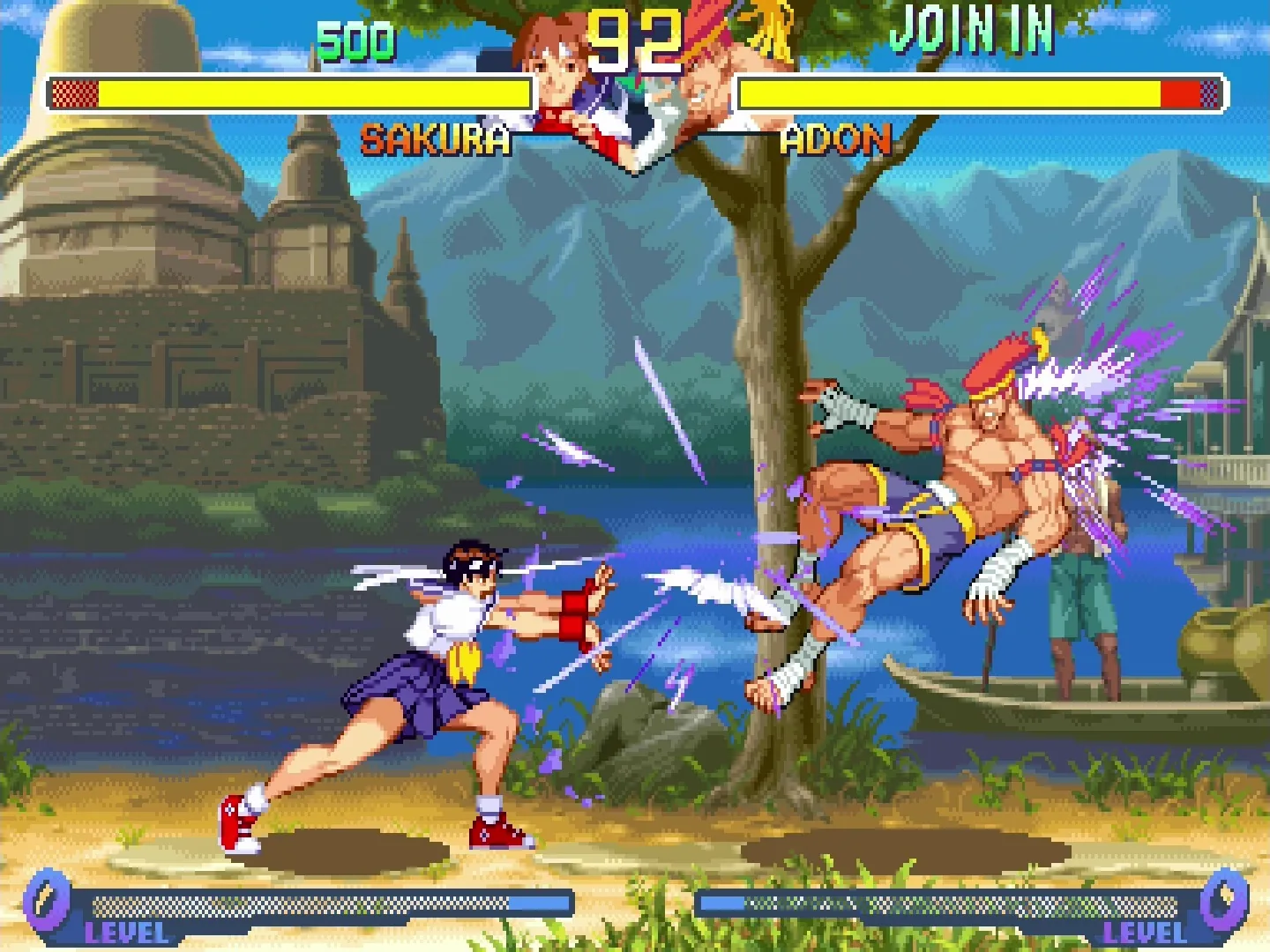 A vibrant Street Fighter-style clash between two fighting-game characters.