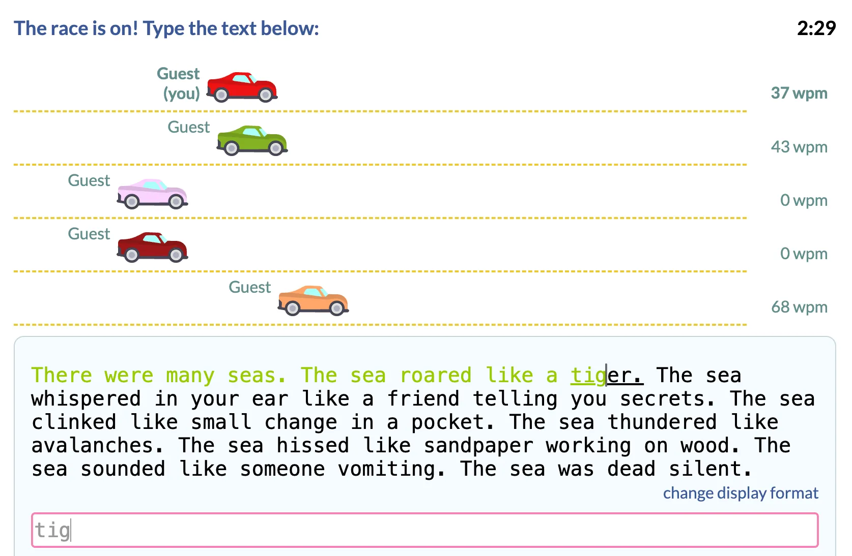 A TypeRacer multiplayer race where several players' cars advance as they type a passage, each scored in words per minute.